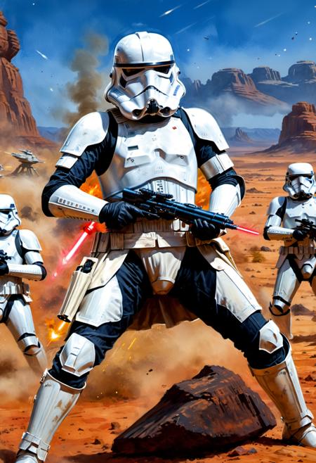 star wars imperial trooper commander in epic battle versus jedi, male, (star wars invernal background), battle scene, epic, war, dynamic scene, (masterpiece), 8k, UHD, HDR, best quality, digital art, cinematic quality, film plot, art, watercolor, oil paints, Medium Shot, (cel-shading style: 1.3), Centered Image, Super Detailed Illustration, Posing, (Notebook Colors), Inky Punk, (Ink Lines: 1.1), Sharp Outlines, Bold Traces, No Frame, High Contrast, ((Integral) shading: 1.1), vector, 32k resolution, best quality, flat colors, flat lighting, <lora:xl_more_art-full_v1:1>