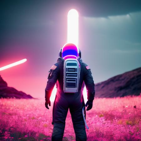 neon-ground-astronaut scifi style,a human male man figure in astronaut suit in field,helmet glowing pink, dynamic lighting, atmosphere  lighting, hyper detail features, ray tracing, high flare, 3D, cinematic lighting, dark shadows, unrealistic Engine 5 rendering, hyper detail,trending on artstation, 4k,extremely high details, ultra hd, hdr, 8k, extremely high details