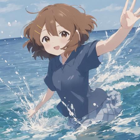 A masterpiece anime professional digital art of a girl named Hirasawa Yui happily playing in water by the sea <lora:hirasawa_yui_xl-000024:1>