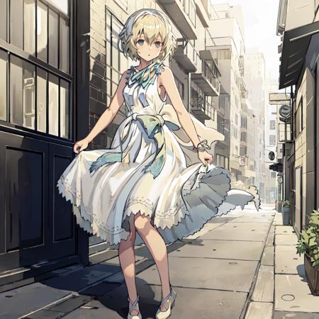 Yonah_Nier, 1girl, solo,short hair, blonde hair, dress, ribbon,shoes, sleeveless, white dress, sleeveless dress,blue eyes