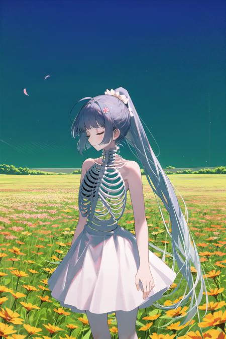 1girl, solo, closed eyes, flower, dress, sleeveless, long hair, white dress, skeleton, field, flower field, outdoors, ponytail, bangs, bare shoulders 
/////////// <lora:rsef-000225:1>