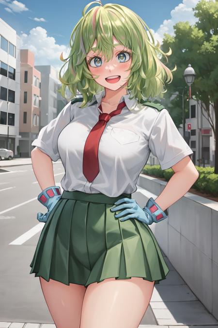 TooruU1, 1girl, solo, looking at viewer, green hair, blush, green eyes, messy hair, medium hair, medium breasts,bangs, hair between eyes, smile, gloves, ahoge, blue gloves, multicolored hair, shirt, school uniform, white shirt, necktie, red necktie, skirt, pleated skirt, collarbone, collared shirt, green skirt, u.a school uniform, short sleeves, swewat, v, outdoors, day, clouds, buildings, school, trees, bushes, standing,  hands in hips, open mouth, :d, teeth,
BREAK
masterpiece, best quality, highly detailed background, perfect lightingbest quality ((shiny skin, glossy skin, detailed skin)),
 <lora:TooruU1:0.8>