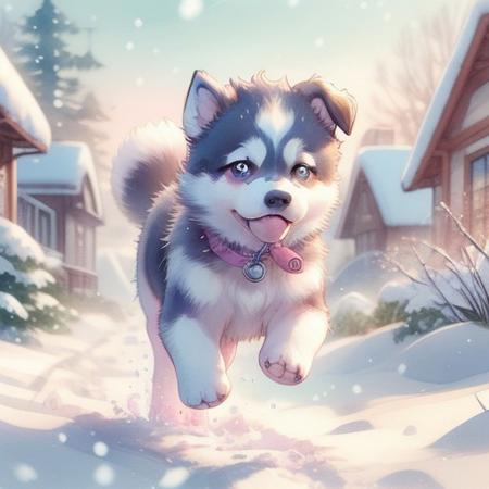 best quality, softwatercolors, a cute happy husky puppy, pink light, running in the snow,  <lora:SoftWaterColors_SD:1>