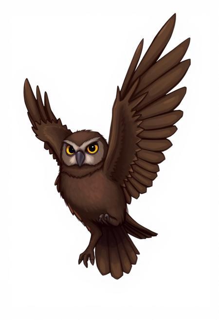 A digital art drawing of a friendly flying owl D&D fantasy character. The owl is dark brown. Plain white background.