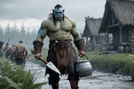 an orc blacksmith with green skin, muscular build, wearing a leather apron, holding a hammer, solo, from the Frostwolf Clan, with white fur cloaks and ice-blue markings, a frozen tundra with icy ground, sparse vegetation, cold air, detailed background, forging a weapon, hammering on an anvil, curious, eyes wide, portrait focus, close-up shot, an orc migration with orcs moving, carrying goods, worgs pulling carts, a sack of loot, nearby, on a riverbank, wet stones, rainy, steady rain, muddy ground, overcast sky, midmorning, bright sunlight, warm air, clear skies, best quality, vibrant colors, photorealistic style, high detail, high-definition, hyper-realistic, extremely high-resolution details, fine texture, incredibly lifelike, realistic, not cartoon, not drawing, highres, 4K resolution, source photo, realistic photo, masterpiece, best quality, amazing quality, very aesthetic, ultra-detailed, detailed textures, natural lighting, soft lighting, icy blue tones, cool blues and whites, misty light, diffused soft glow, side profile shot, full body visible
