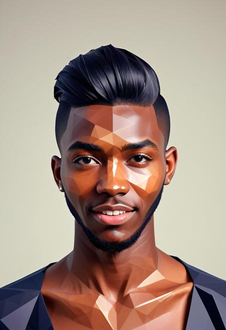 man made of polygon, hair made of polygon, clothes made of polygon, Polygonal shapes, geometric designs, three-dimensional models, ((low poly)), minimalism, straight on view, a young angolan man, fashion model, classic slick back (hairstyle), amused expression with slightly upturned lips and soft eyes, Close-Up Shot, (((polygon)))