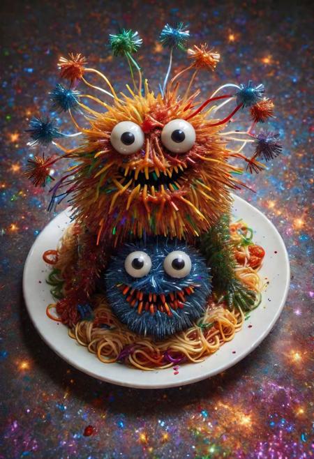 [Red, orange, yellow, green, blue, indigo, violet] scary noodle monster spaghetti horde made of ral-tinsel, bloody macaroni meatballs mini monsters tomato sauce caos bolognese made of ral-tinsel, Hyperdetailed kitchen background