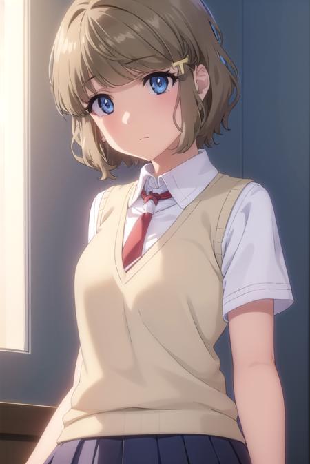 tomoekoga, <lora:tomoe koga s1-lora-nochekaiser:1>, 
tomoe koga, short hair, brown hair, blue eyes, hair clip,
BREAK skirt, shirt, school uniform, white shirt, short sleeves, pleated skirt, necktie, collared shirt, red necktie, sweater vest,
BREAK indoors, classroom,
BREAK looking at viewer, (cowboy shot:1.5),
BREAK <lyco:GoodHands-beta2:1>, (masterpiece:1.2), best quality, high resolution, unity 8k wallpaper, (illustration:0.8), (beautiful detailed eyes:1.6), extremely detailed face, perfect lighting, extremely detailed CG, (perfect hands, perfect anatomy),