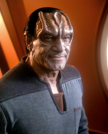 cardassian, male, entek, grey skin, black slicked back hair, reptile scales on sides of neck, wearing greyish blue tunic, gregory sierra, medium shot, front view, mildly annoyed expression, standing in a copper colored room, (raw photo:1.2), fujifilm x100v, 8k, <lora:cardassian_lora_v2:0.7>, <lora:locon_perfecteyes_v1_from_v1_64_32:0.3>