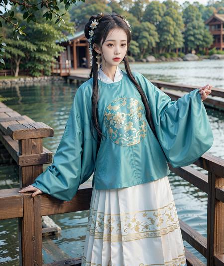 masterpiece, best quality,realistic,realskin,1girl,solo,outdoor,<lora:hanfuMing_v31:0.6>,(hanfu, ming style outfits, water green short coat, yellow with white mamian skirt, round collar, overlapping collar)