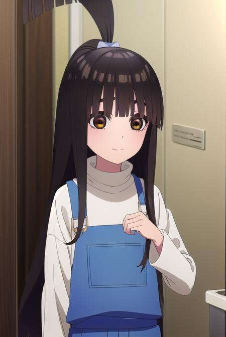 raiha uesugi, long hair, bangs, black hair, (brown eyes:1.5), ponytail, blunt bangs, shirt, white shirt, pants, overalls,