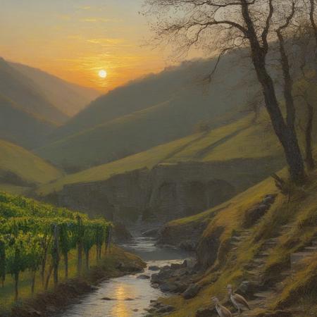 Claude Lorrain (golden hour), Vineyard on steep slate slopes, fox tracks in mud, clapper bridge over stream,grey heron stalking.,Art painting by Gustav Klimt and Takashi Murakami and Kay Sage, ,,
artstation trending, macro lens, volumetric light,
<lora:Illustration_Insanity:0.3>,
<lora:dreamshaperXL10_lora:0.7>,
<lora:extremely_detailed:0.3> extremely detailed,
<lora:DetailMaximizer:0.3>,, Surrealism art style, dreamlike and irrational imagery, explores the unconscious mind, juxtaposition of unlikely elements, challenges reality and logic