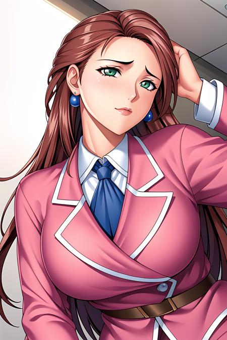 Simple White Background,
pink pencil skirt, pink jacket,collared shirt, white shirt, blue necktie,belt,
<lora:Takashima_Kumi_Isaku-KK77-V3:0.7>,jewelry,earrings,
bangs,long hair,brown hair,green eyes,
<lora:Mariana_Luciano_NON_VIRGIN-KK77-V1:0.3>,<lora:more_details:-0.1>,
1 girl, 20yo,Young female,Beautiful Finger,Beautiful long legs,Beautiful body,Beautiful Nose,Beautiful character design, perfect eyes, perfect face,expressive eyes,perfect balance,
looking at viewer,(Focus on her face),closed mouth,
official art,extremely detailed CG unity 8k wallpaper, perfect lighting,Colorful, Bright_Front_face_Lighting,shiny skin,
(masterpiece:1.0),(best_quality:1.0), ultra high res,4K,ultra-detailed,
photography, 8K, HDR, highres, absurdres:1.2, Kodak portra 400, film grain, blurry background, bokeh:1.2, lens flare, (vibrant_color:1.2),professional photograph,
(Beautiful,large_Breasts:1.4), (beautiful_face:1.5),(narrow_waist),