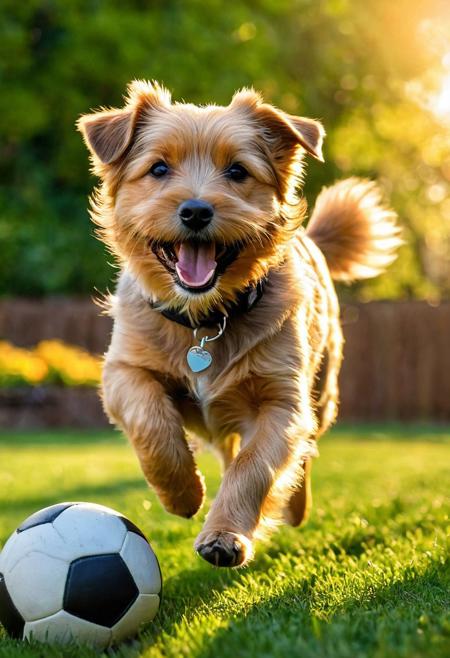 Norfolk Terrier, 
mid-tumble over a well-worn football, 
tongue lolling out in a wide grin, 
evening golden light casting elongated shadows, 
playful scene unfolding in a lush, 
green backyard, 
focus on gleeful expression, 
fur texture detailed, 
dynamic motion blur emphasizing playfulness, 
shallow depth of field with bokeh effect in background, 
sun flare, 
digital painting, 
vibrant color palette, 
high resolution.