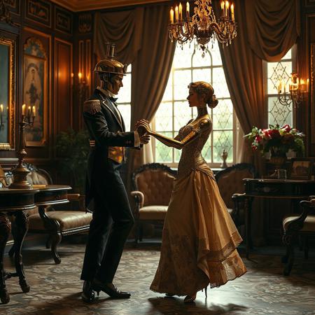 Full height view. An Edwardian automata brass robot Gibson Girl wearing an elegant Edwardian evening gown is dancing with a Gentleman in a sumptuous boudoir, photorealistic