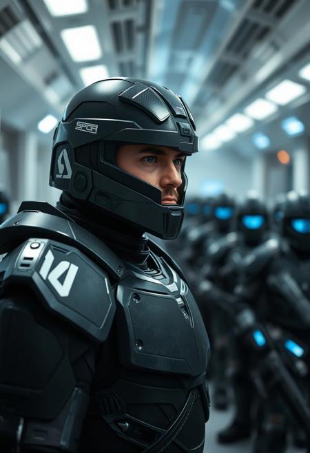 A distant future Spartan commander stands tall, gazing out at a line of battle-hardened warriors clad in cutting-edge armor and wielding advanced weaponry. The camera zooms in on the commander's determined face, framed by the sleek lines of their own futuristic suit. A faint hum of machinery and soft glow of console screens emanate from the soldiers behind, as the commander's voice carries over the sterile environment.