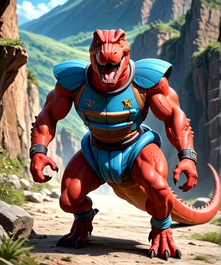 Genghis Rex Dinosaucers red skin brown eyes muscular tyrannosaurus rex trex dinosaur