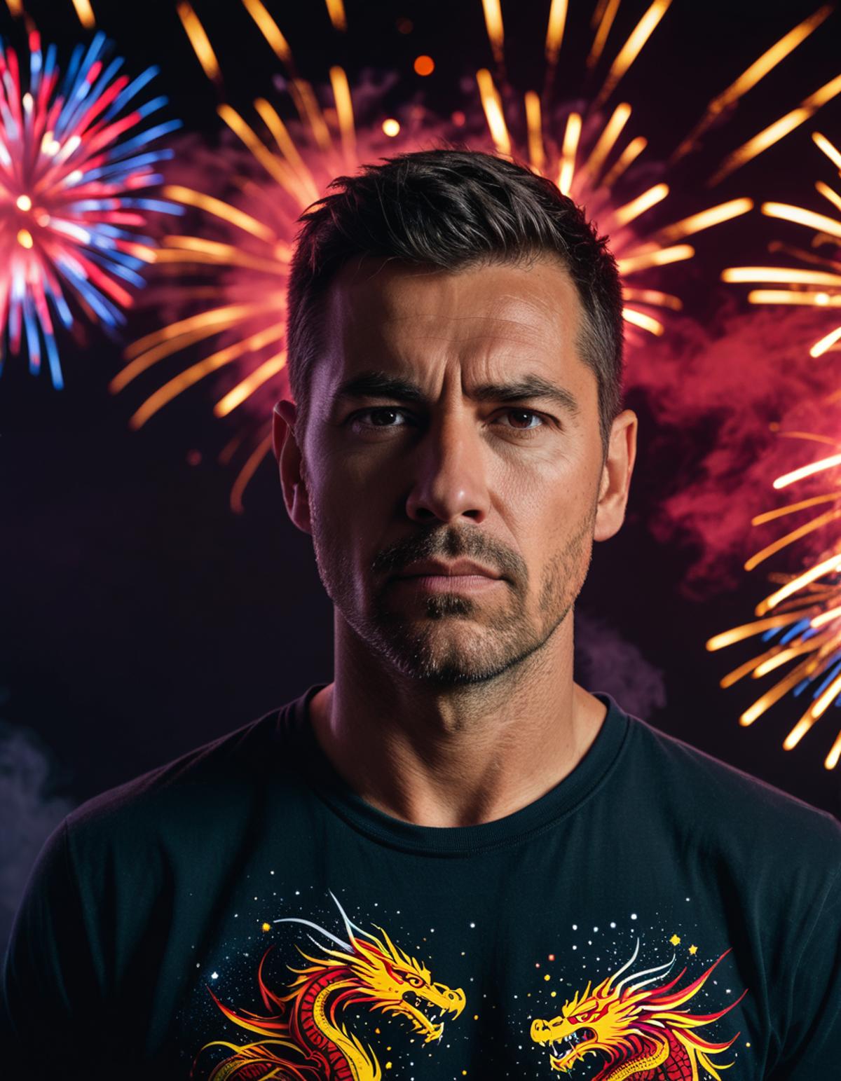A man with a black shirt and beard staring into the camera with fireworks in the background.
