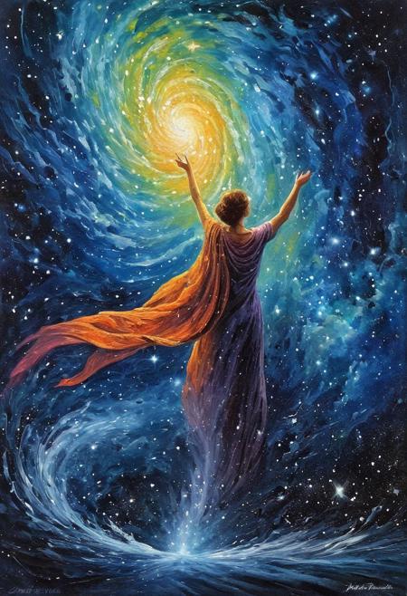 In a world where time dances on the edges of perception, "Echoes of Eternity" captures a moment both fleeting and eternal. The painting depicts a vast, starlit expanse, where galaxies swirl in a cosmic ballet across the canvas. Yet amidst the celestial spectacle, a solitary figure stands, seemingly suspended between the currents of time and space.
The figure, shrouded in an ethereal cloak of mist, gazes outward with eyes that seem to hold the secrets of the universe. Their outstretched hand reaches towards a distant nebula, as if yearning to grasp the very fabric of existence itself. Wisps of stardust twirl around them, caught in the gravity of some unseen force.
Each brushstroke tells a story of cosmic wonder, of the boundless mysteries that lie beyond our understanding. It is a painting that invites contemplation, inviting viewers to ponder their place within the infinite expanse of creation.
"Echoes of Eternity" is not just a work of art; it is a portal to realms beyond imagining, a glimpse into the timeless depths of the cosmos. It is a reminder that, in the grand tapestry of existence, we are but fleeting echoes in the symphony of eternity.