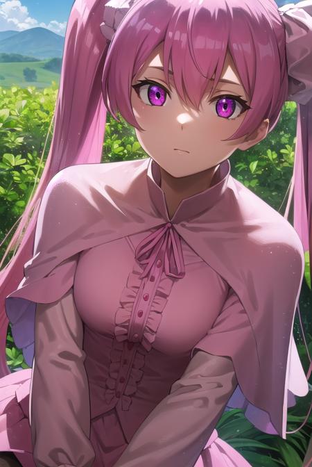 agkmine, <lora:agk mine s1-lora-nochekaiser:1>,
mine, long hair, twintails, pink hair, (pink eyes:1.3),
BREAK dress, pantyhose, pink dress, capelet, pink capelet, pink skirt, skirt, long sleeves,
BREAK outdoors, nature, forest, trees, grass, sky, clouds,
BREAK looking at viewer, (cowboy shot:1.5),
BREAK <lyco:GoodHands-beta2:1>, (masterpiece:1.2), best quality, high resolution, unity 8k wallpaper, (illustration:0.8), (beautiful detailed eyes:1.6), extremely detailed face, perfect lighting, extremely detailed CG, (perfect hands, perfect anatomy),