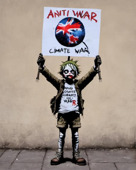 iconic image inspired by jamie reid, jamie hewlett, shepard fairy, banksy, protest art, anti war, climate, social comment, <lora:so77-XL:1>