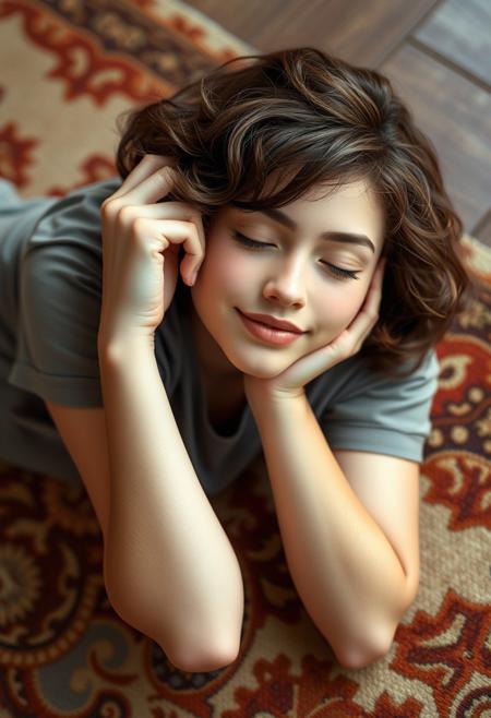 1female, 25yo, laying on rug on stomach, cute, head turned, head resting on hand, eyes closed, short brown hair, curly hair, t-shirt , relaxed, exhausted, sleepy, small breasts, sleepy smile,
 seductive, sexy, cute, 
score_9, score_8_up, very detailed, detailed eyes,  high detailed texture, realistic, photorealistic, perfect eyes, real life realistic, Expressiveh, Cinematic Film, detailed background, dynamic angle,  beautiful, small breasts, green eyes,