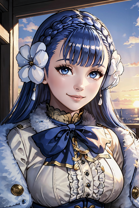 rinea fe, looking at viewer, smile, closed mouth, medium breasts, upper body, flower, hair flower, bowtie, sunset,
<lora:Rinea_FE-10:0.85>