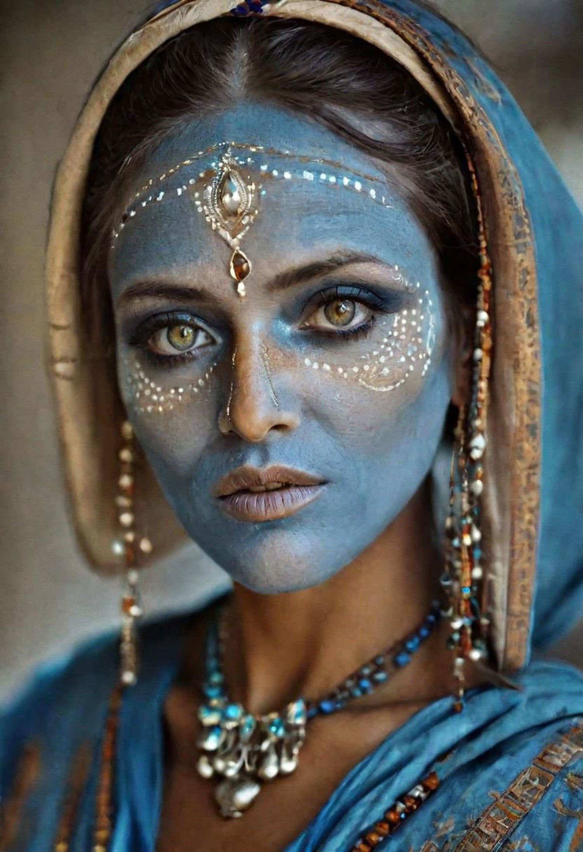Photography in (stvmccrr style), a beautiful blue genie woman with striking silver eyes, wearing a loose tunic, blue skin,...