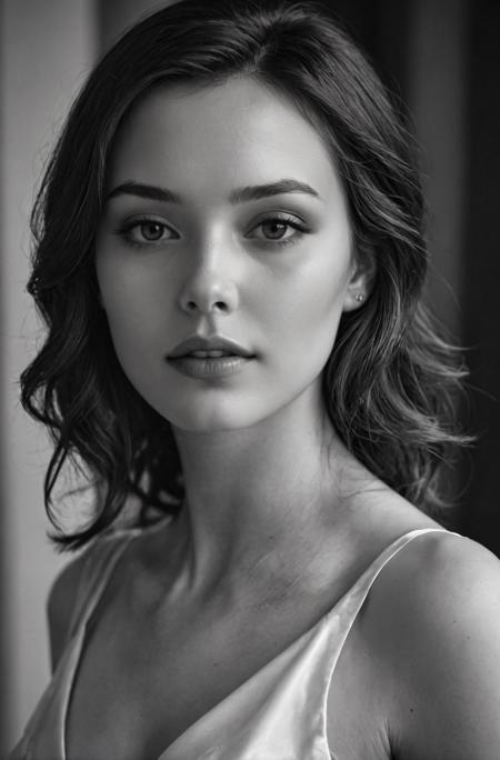 1girl, beautiful, smooth skin, greyscale, noir, white silk dress, portrait, close-up