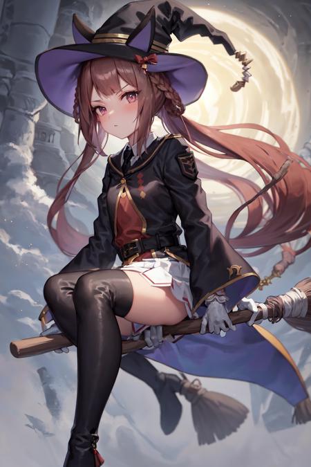 masterpiece, best quality,
sweep tosho \(umamusume\),
(broom, broom riding:1.2), full moon, cloud,
witch hat, black headwear, black necktie, collared shirt, red shirt, white gloves, wide sleeves, black jacket, black robe, buckle, belt, white skirt, pleated skirt, black thighhighs, thigh boots, high heel boots,    
<lora:sweep_tosho_locon_0.99:0.8>