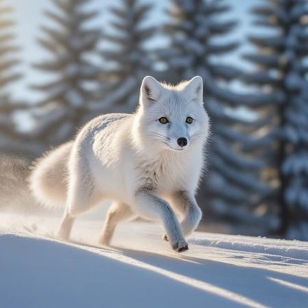 very realistic photograph close-up of a white arctic fox hare running in the snow, forest background of pine, fir and white spruce and birch, blue sky with cirrus cloud and slightly hidden sun