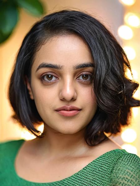 portrait photo of Nithya M woman, solo,  hair cut, sultry, looking at the camera, ethnic Lime , , contrasting background bokeh,  skindentation,   <lora:Nithya_M_SDXL_LoRA_prodigy_local_xformers_HNE:1>