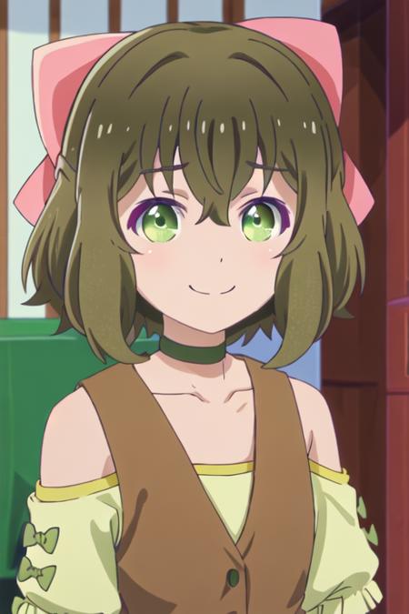 fina_kumakumakumabear bow, hair_bow, bangs, green_eyes, short_hair, brown_hair, hair_between_eyes, pink_bow, green_hair, collarbone