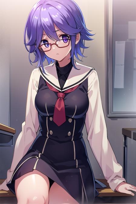 hanakazuki, <lyco:hanakazukiLYCORIStest:1>,
hana kazuki, short hair, hair between eyes, (purple eyes:1.1), purple hair,  glasses,
BREAK long sleeves, dress, school uniform, necktie, black dress, short dress, red necktie,
BREAK looking at viewer, hands behind head,
BREAK indoors, classroom,
BREAK <lora:GoodHands-vanilla:1>, (masterpiece:1.2), best quality, high resolution, unity 8k wallpaper, (illustration:0.8), (beautiful detailed eyes:1.6), extremely detailed face, perfect lighting, extremely detailed CG, (perfect hands, perfect anatomy),