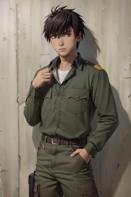 (masterpiece, best quality:1.2), <lora:fullmetalpanic_sagara-10:1>, cowboy shot, solo, male focus, 1boy, sagara sousuke, expressionless, closed mouth, looking at viewer, hand in pocket, military uniform, breast pocket