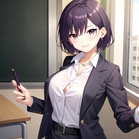 ((masterpiece)),(best quality),official art,extremely detailed CG,unity 8k wallpaper,ultra detailed,classroom,1girl,solo,upper body,looking at viewer,office lady,short hair,purple hair,brown eyes,smile,business suit,earrings,jewelry,white shirt,large breasts,purple jacket,button,black belt,pencil skirt,skirt suit,purple skirt,black pantyhose,high heels,<lora:Amase Makoto(cur):0.8>,