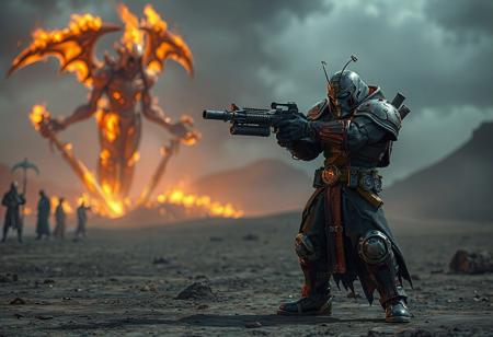 "Create a highly detailed, 3D animated promotional artwork of an Infernity Doom Slinger man with a gun, standing on a desolate field. The scene should be set in a dark, mecha-inspired world with a flaming grim reaper and watchers in the background. The Doom Slinger should appear photorealistic, aiming his weapon with a punished Judge Dredd-like look. Incorporate fireworks-safe flaming elements, and feature it on ArtStation with a focus on intricate details, ballistics, and the golden ratio."