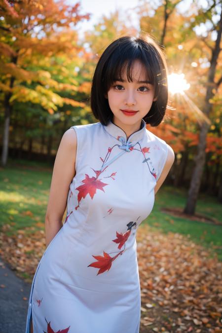 1girl,pale_skin,plump,round face,black hair,bangs,makeup,(sexy cheongsam print:1.3),(looking_at_viewer:1.3),(front view:1.3),(cowboy_shot:1.4),(arms_behind_back:1.3),(artbook:1.2),(autumn maple forest:1.3),(very few fallen leaves),(path),park,close-up,depth of field,(face_focus:1.2),(lens_flare:1.2),