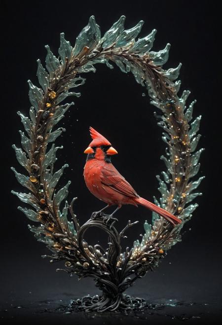 A cardinal bird, 
incredibly fluid, 
detailed, 
3D fractals, 
light particles, 
drops of water, 
shimmering light, 
dreamer, 
surrealist, 
alcohol ink, 
smooth, 
shimmering, 
dreamy glow, pine cone wreath background
conceptual art by Alberto Seveso, 
Anna Dittmann, 
Arthur Rackham, 
16k