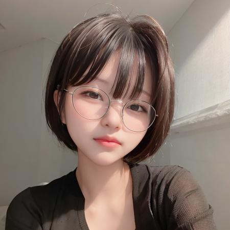 a photo of a girl, <lora:n3k0:0.8>, extreme close-up shot, eye glasses,  <lora:koreanDollLikeness_v15 (1):0.2>, black short hair