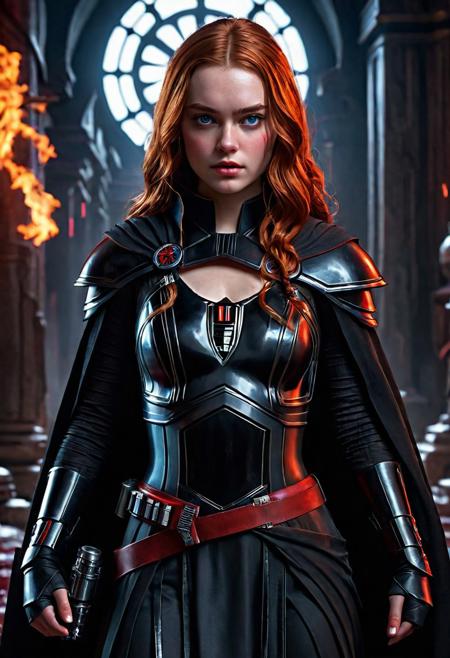 High resolution ultra-realistic of Beautiful Dark Sith girl, 8k, capturing the intensity of the moment, cinematic lighting, standing on a bloody and turbulent battlefield in a bloody battle, wavy red hair, realistic dirty pale face, realistic blue eyes, beautiful hourglass figure, burning in a Star Wars Town, intricately designed cloth dirty black-red robes, Star Wars Aesthetic, perfect athletic figure, beautiful Sadie Sink as Dark Sith Knightess, ultra realistic, cinematic style, vigorous and seductive, athletic figure, Star Wars style, dramatic lighting, wet and sweaty skin, dirty skin, athletic figure, dark fantasy, dramatic lighting, Greg Rutkowski style, Dark Sith Knightess on in Jedi dress, hyper-detailed, hyper-realistic,  natural light, extremely intricate details, masterpiece, epic, bright colours, Attractive 21 old years girl, Attractive, beautiful firm Breasts, sharp focus, digital painting, Photograph Taken on Nikon D750, Alphonse Mucha, 8K, athletic figure, Hyperdetailed, hyperrealism, Attractive, Attractive bust girl, asymmetric balance