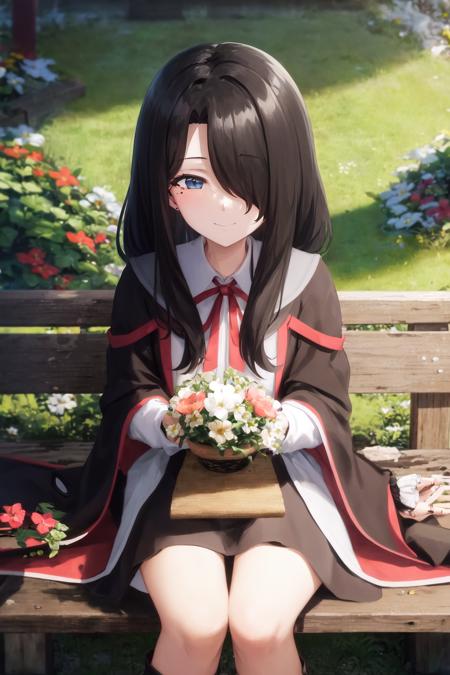 masterpiece, best quality, flan, 1girl, bangs covering one eye, smile, mole under eye, upper body, red ribbon, robe, black robe, boots, long hair, garden, flower field, sitting on bench,