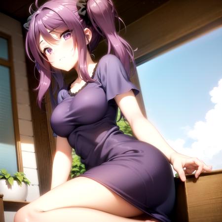 <lora:leone_eiyuu_v1_resize_fro096:1> leone_olis, purple hair, purple eyes, 1girl, solo, twintails, hair scrunchie, purple dress, short sleeves