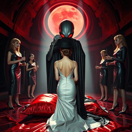 high-society elegant slender norvegian rich innocent young bride  kneeling  at weird red glossy foil pillow from behind. She is ensnared by a towering, gray human-like alien, draped in a long, glossy wet-look black slime cloak, its eyes gleaming red with an otherworldly intensity.  its hands  putting slimy  tenacles hat at her head. Encased in light beam from the alien breeding chamber celling. Surrounded by strict ladies wearing  glossy satin dominatrix attire and glossy high heels,  holding whips.   weird wet-look black slime  walls and floor, colossus observation blister to outer space full of stars, bright red moon, vintage-inspired makeup, long hairs, ultra thin waist, evil grin, porcelain skin, lipstick, red nails, in the style of a haunting, retro-futuristic 1950s sci-fi nightmare, horror, alien space base,,