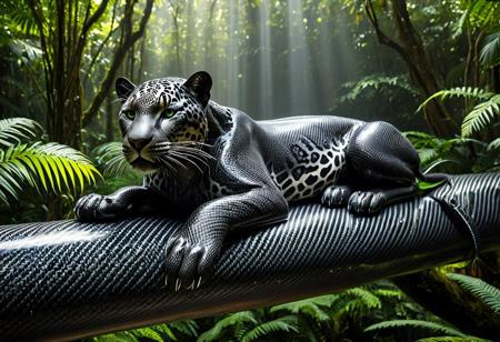 Highly detailed photographic image of a jaguar with incredibly intricate black carbon fiber "fur" resting on a large natural (photorealistic) tree branch in the rainforest. The photorealistic natural forest surroundings an ironic contrast to details of the futuristic jaguar's woven carbon fiber coat, showcasing its distinctive beauty and muscular build in the woven strands. The rainforest environment should be lush and vibrant, filled with a variety of green foliage, exotic plants, and dappled sunlight filtering through the canopy above. Incorporate dramatic lighting to enhance the atmosphere, creating a sense of depth and intrigue. Include subtle elements such as mist or gentle rain to add to the mood, while ensuring the surreal carbon fiber jaguar remains the focal point of the composition. (Highly cinematic scene with natural surroundings; highly focused detail on the subject; beams of sunlight reflecting on the animal's unique carbon fiber fur; masterpiece scene; dramatic composition, 4k resolution, finely detailed texture)