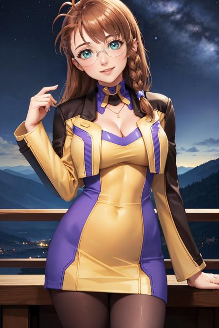 masterpiece, best quality,  <lora:xsshion-nvwls-v1-000010:0.9> xs1Shion, glasses, braid, yellow jacket, cleavage, purple and yellow dress, pantyhose, large breasts, looking at viewer, smile, standing, cowboy shot, closed mouth, head tilt, night sky