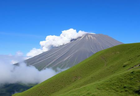 ,A giant namazu  lying on the mountain,,,,photorial,photo,grey volcanic eruption cloud, 
Mt. Aso, Kusasenri, green grassland,landscape,summer,blue sky,The volcano is erupting,Outer mountain, (smoke:1.4),