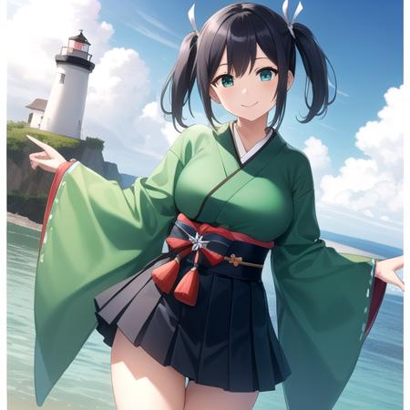 ((masterpiece)),(best quality),official art,extremely detailed CG,unity 8k wallpaper,ultra detailed,A lighthouse on a cliff by the sea,1girl,solo,cowboy shot,japanese_clothes,twintails,green_kimono,green_eyes,short_hair,partially_fingerless_gloves,blue_hair,wide_sleeves,hair_ribbon,yugake,large_breasts,hakama_short_skirt,geta,tabi,white_socks,pleated_skirt,white_ribbon,looking_at_viewer,smile,<lora:SouRyuu(kan)>,