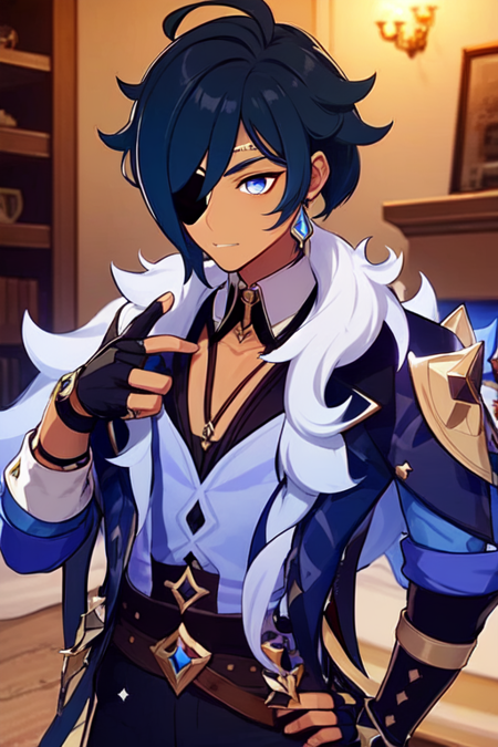 kaeya (genshin impact) 1boy male focus eyepatch, navy hair, long hair, blue eyes, star pupils, earring dark tan skin, black gloves, fingerless gloves