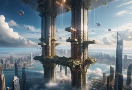 masterpiece, 8k, high quality, ultra detail, ultra realistic, exquisite detail, a large floating city suspended in the air by a large pillar in its center, km high, hundreds of skyscrapers, suspended in space, crashed sky, cinematographic lighting, hdr